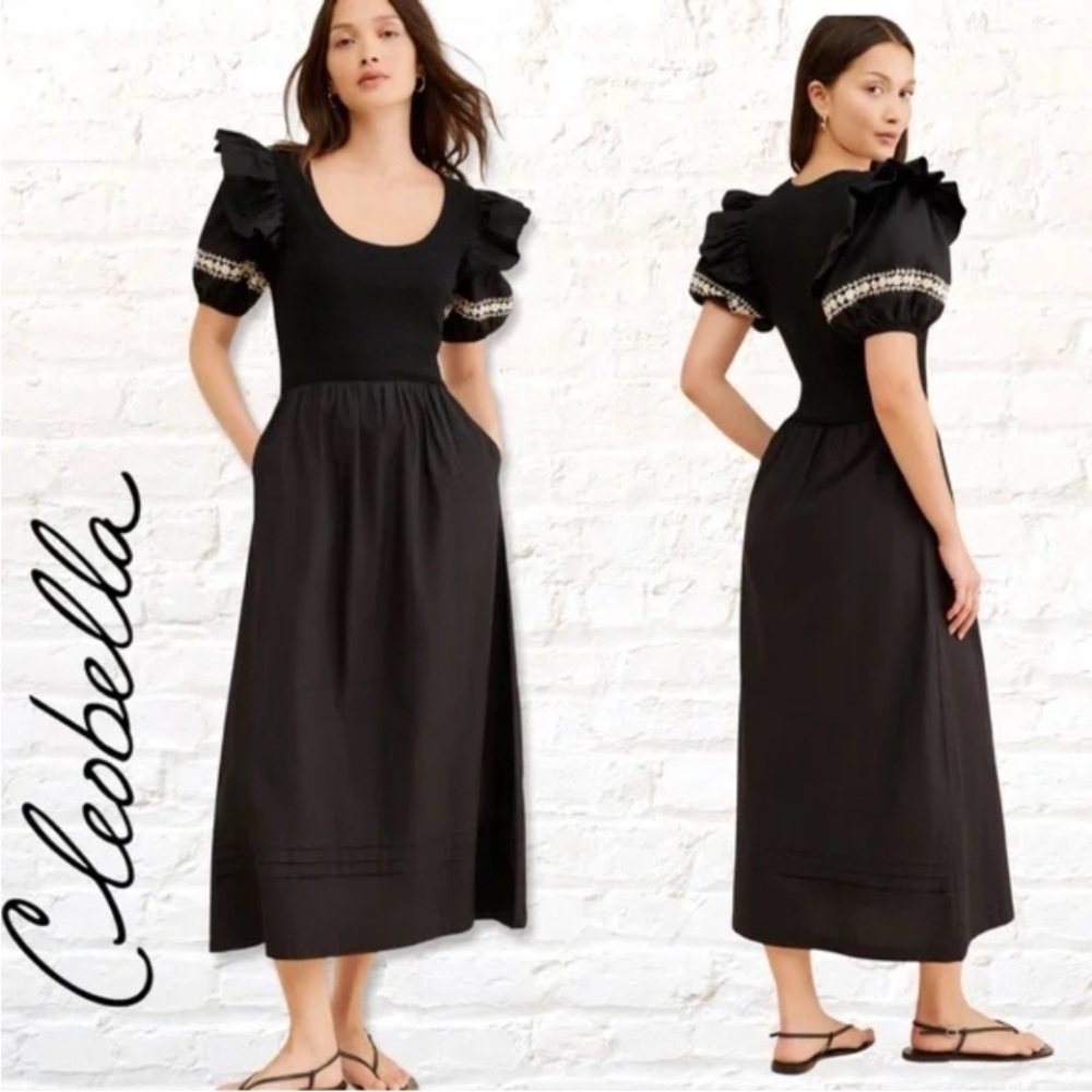 Cleobella Selma Black Midi Dress Puff Sleeve Embroidered Boho Cotton Size S - Picture 2 of 13